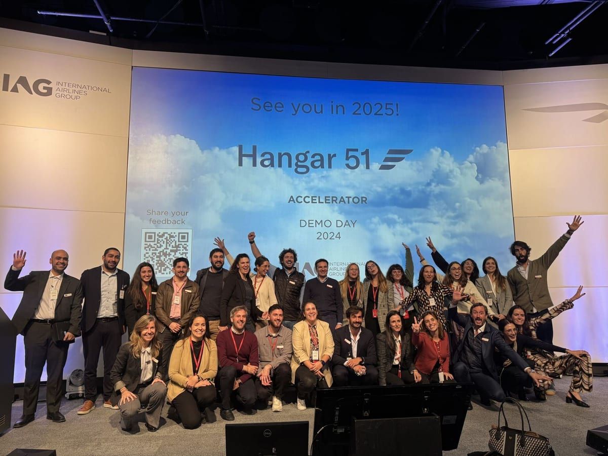 The Hangar 51 accelerator cohort on stage at demo day.