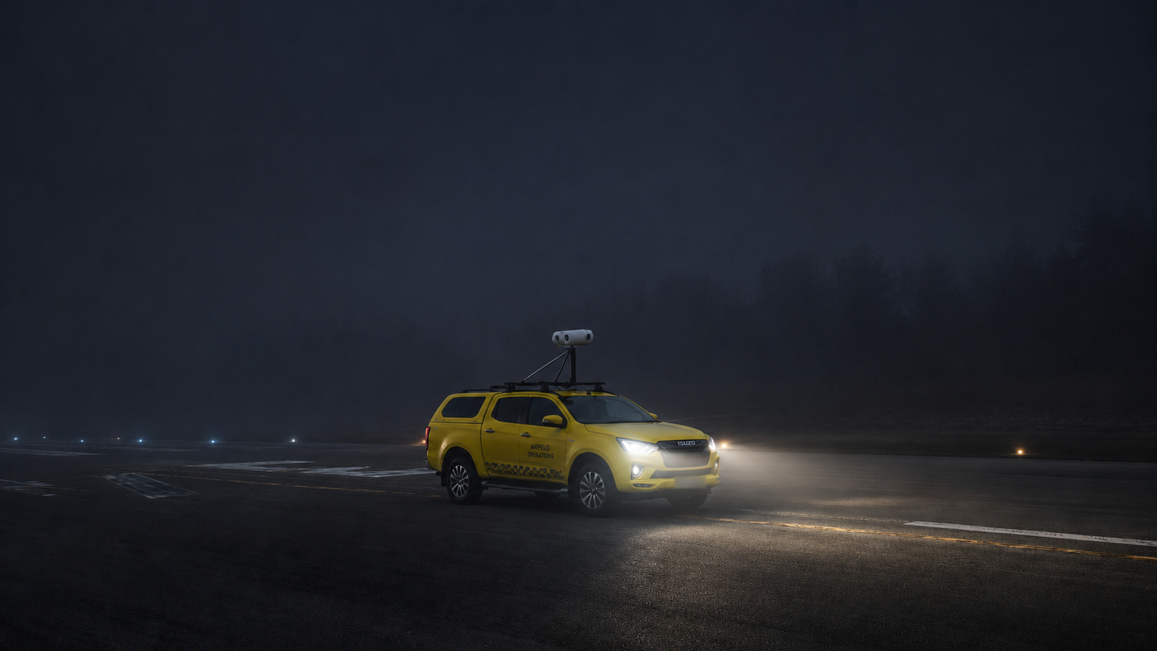 The same vehicle on the runway at night, headlights lit, the treeline just visible behind it.
