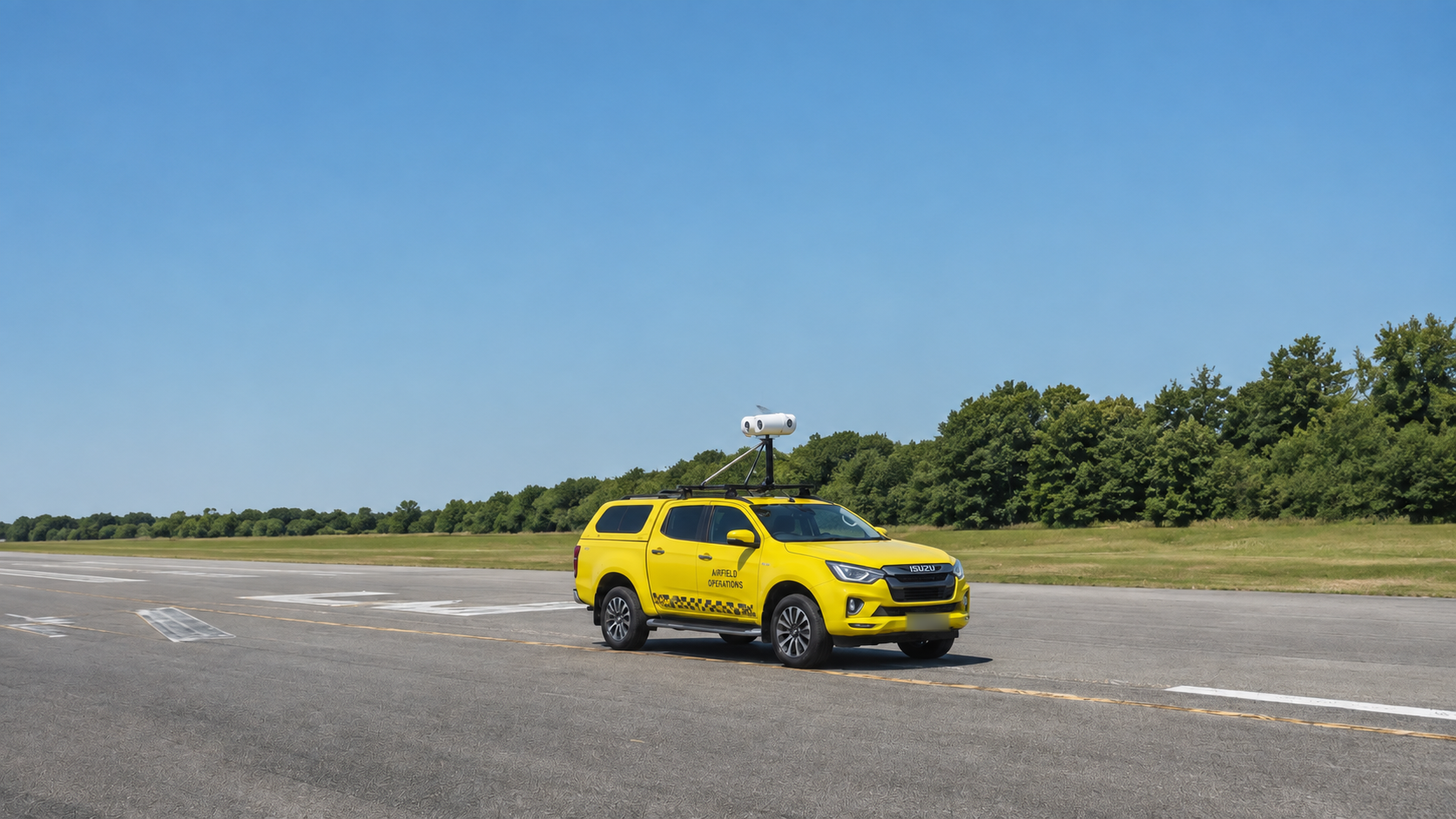 The same vehicle on the runway in clear daylight under an open sky.