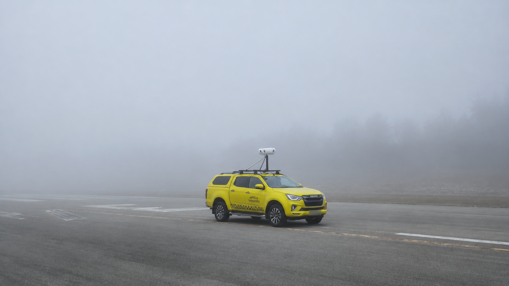 An airfield operations vehicle with a roof-mounted sensor unit on a runway in dense fog, the treeline barely visible.
