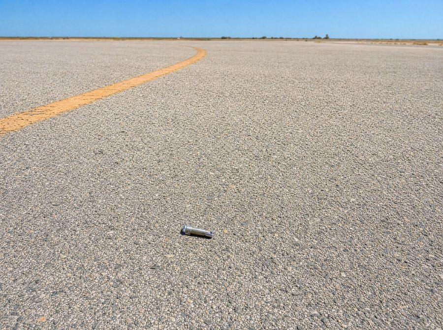 A small metal fragment on sunlit taxiway pavement, a few metres ahead.