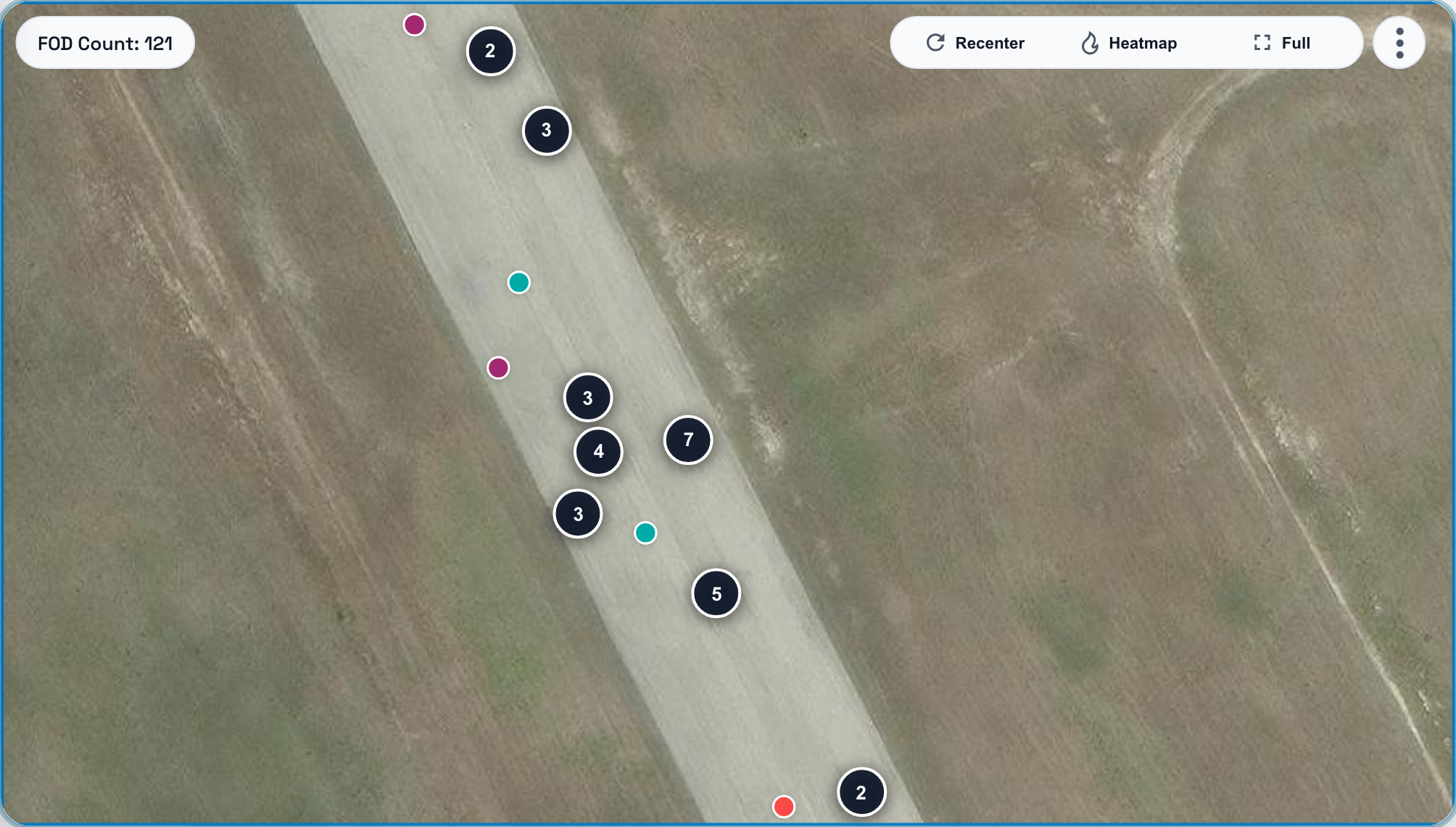 The Dashboard's map of the LPCO runway with 121 detections placed as pins, and the same detections as a heatmap.