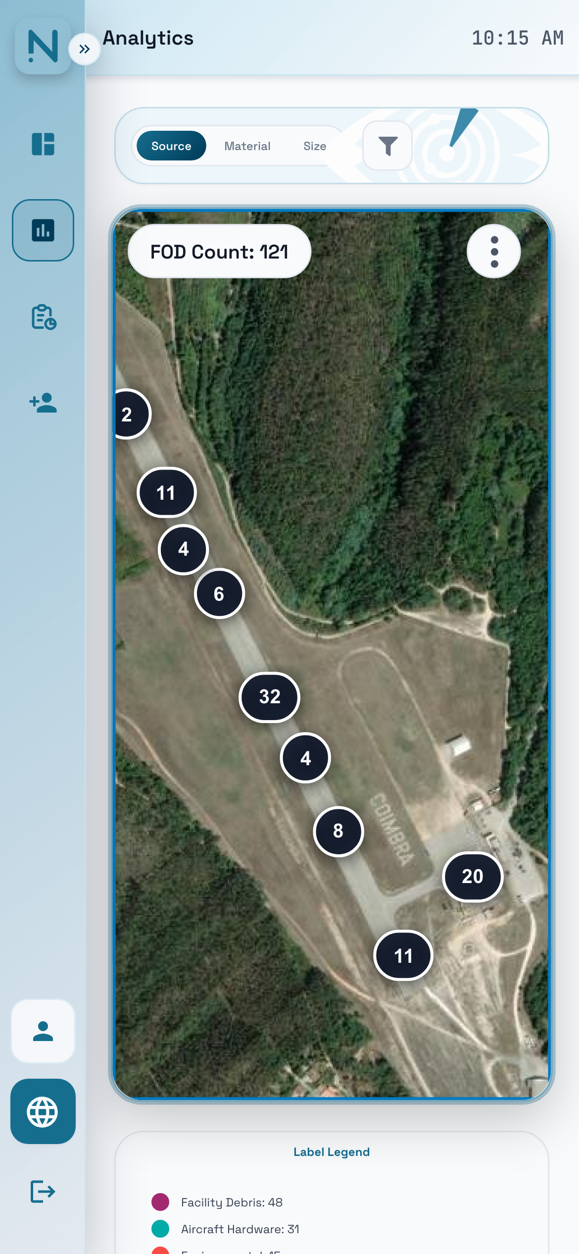 The Dashboard on a phone: the Source, Material and Size filters over the LPCO runway map, 121 detections.