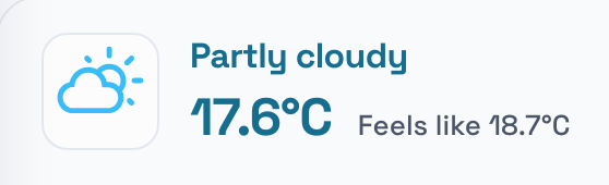 Live weather at the airport: Partly cloudy, 17.6°C, feels like 18.7°C.